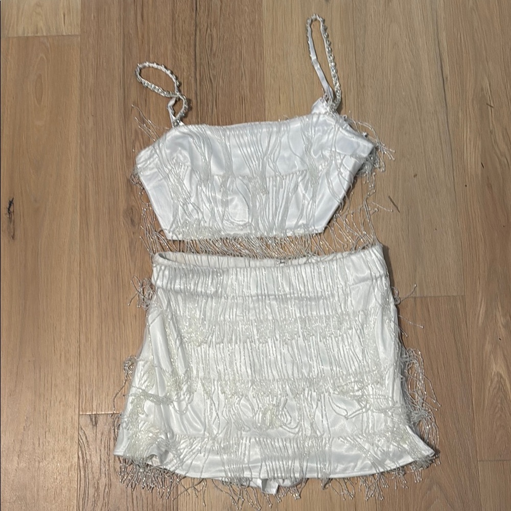 Show Me Your MuMu White Fringe Crop Top & Mini Skirt Set